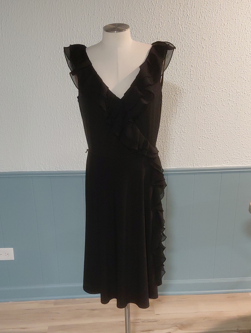 White House Black Market Black Ruffle V-Neck Midi Dress